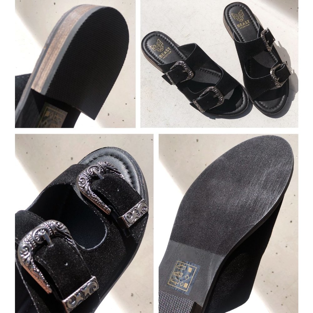 NEW Black Faux Suede Western Metal Buckled Straps Slides Slip On Sandals Shoes - Picture 8 of 12